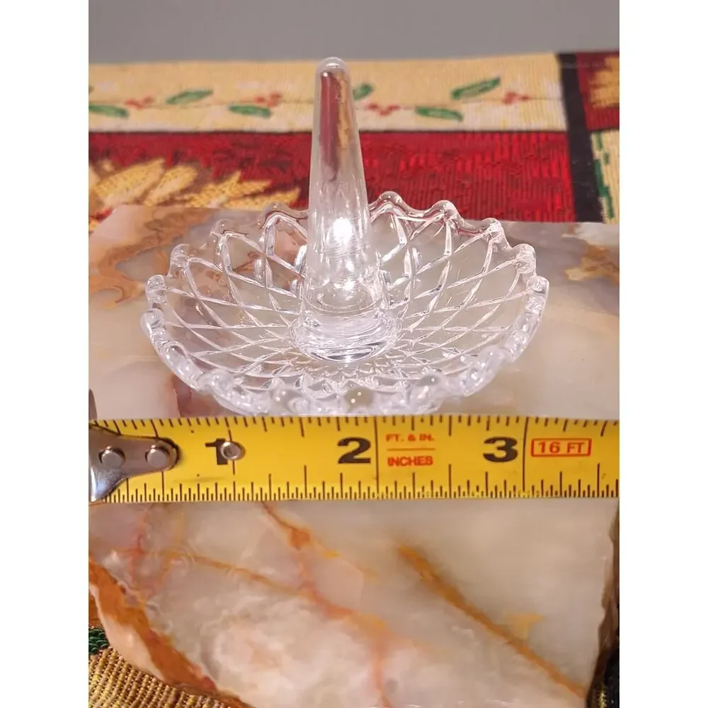 Vintage Crystal Ring Holder Scalloped Vanity Jewelry Dish 3.5